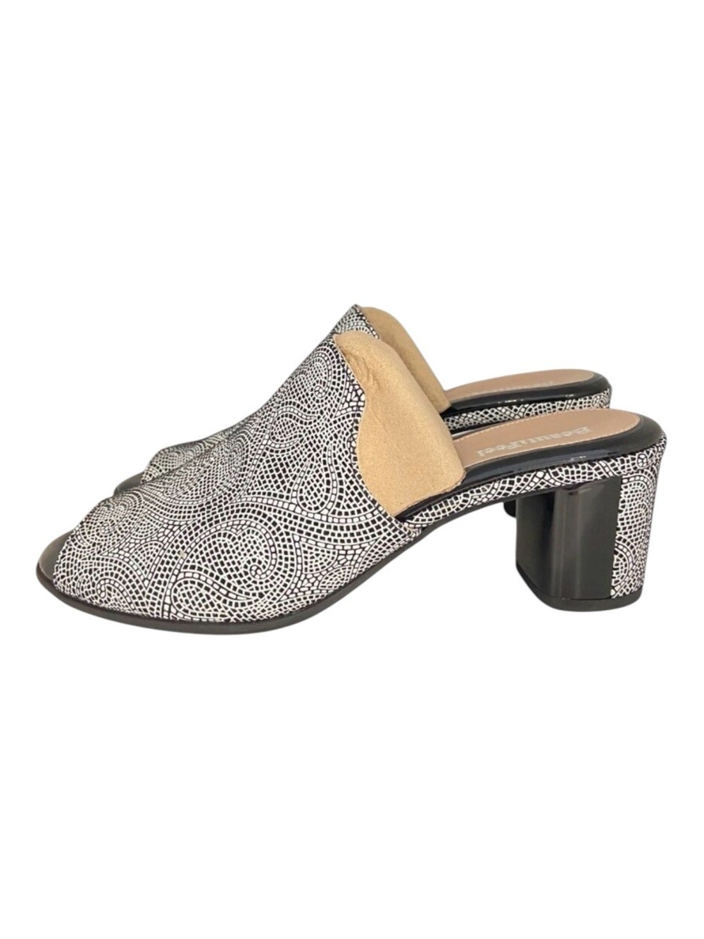 Beautifeel Black & White Open-Toe Block Heel Mules With Geometric Design size 37